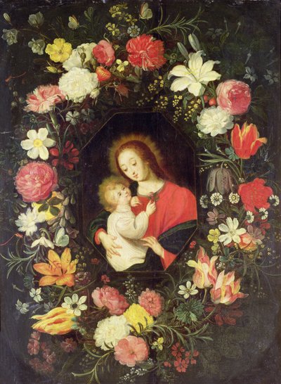 Jungfrun och barnet i en krans omringning av blommor av Andries Daneels