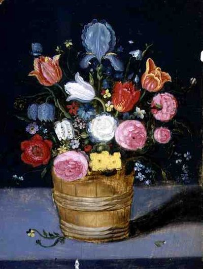 Stilleben av blommor i en träbalja (olja på panel) av Andries Daniels or Danielsz