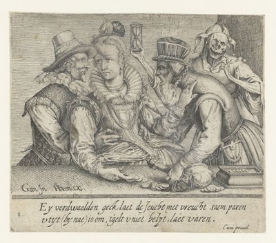 En gammal man försöker köpa en ung kvinnas kärlek Unequal Love (serietitel) av Andries Jacobsz. Stock (possibly)