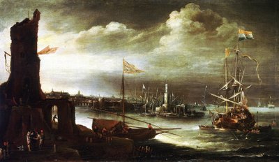 Ett holländskt fartyg ankrat framför hamnen i Genua (Italien) av Andries van Eertvelt