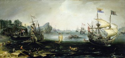 Holländska fartyg lastar en last av trä i en skandinavisk fjord. Oljemålning, av Andries van Eertvelt (1590-1652). av Andries van Eertvelt