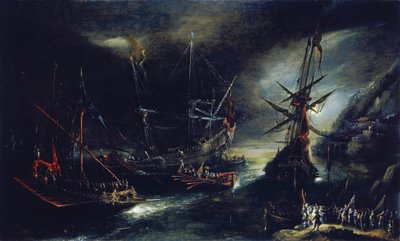 Spanska truppers embarkering, en holländsk tolkning av en spansk expedition, avbildad på en imaginär kust i Medelhavet av Andries van Eertvelt