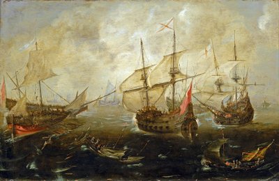 Manöver mellan brittiska (höger) och spanska fartyg, båtarna närmar sig varandra, såg tungt lastade ut, troligen med soldater av Andries van Eertvelt