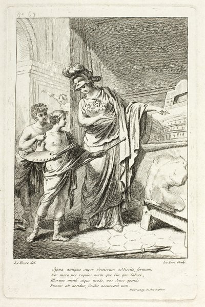 Minerva Teaching a Young Artist, illustration för Catalog historique du Cabinet av Mariette av Ange Laurent de Lalive de Jully