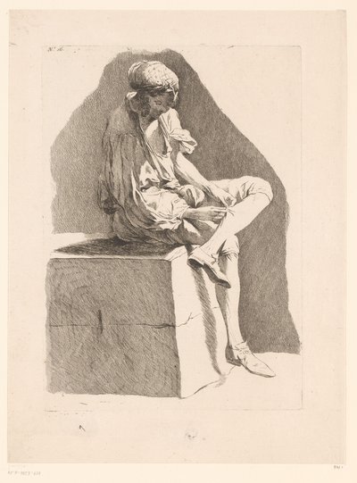 Karikatyr av en pojke som syr sin strumpa Karikatyrer efter J. Saly (serietitel) Recueil de caricatures dessinées Par J. Saly et Gravées par A.L. Lalive D.J. (serietitel) av Ange Laurent de, marquis de Rémoville Lalive
