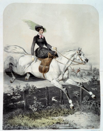 En ung ryttare i Amazonas som hoppar en barriär Litografi av Ange Louis Jawe Lange (1815-1872) Privat samling från 1800-talet av Ange Louis Janet
