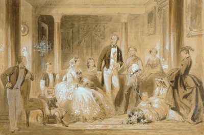 Kunglig familj i matsalen på Osborne House (penna med tvätt på papper) av Ange Louis (1815 72) Janet