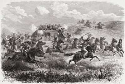 Indianer attackerade en transkontinental diligens 1867, illustration från 
