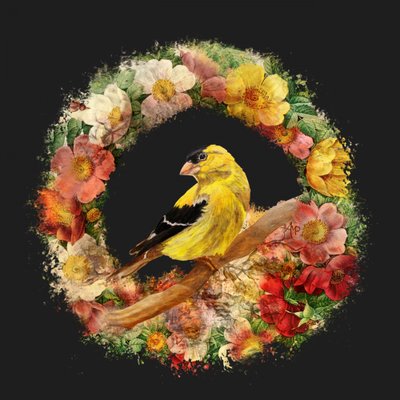 Blomsterkrans med guldfinkar av Angeles M. Pomata