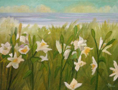 Vita blommor och havsutsikt av Angeles M. Pomata