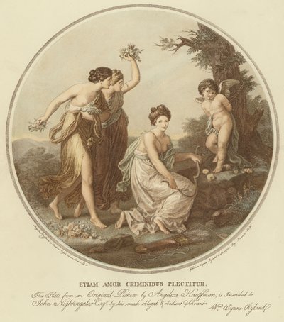Två nymfer hånar amor som är bunden till ett träd (färg litho) av Angelica (after) Kauffmann