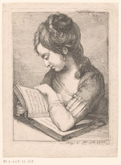 Ung kvinna som läser vid ett bord och vilar armbågen på en bok av Angelica Kauffmann