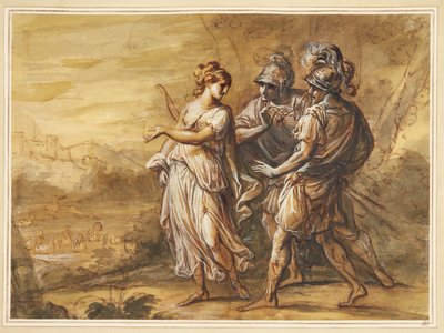 Mytologisk scen. Ung kvinna med pilbåge vänd mot två beväpnade män av Angelica Kauffmann