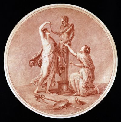Nymfer som pryder en staty av Pan, graverad av William Wynne Ryland (1732-83) 1776 (röd stipplegravyr) av Angelica after Kauffmann