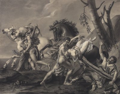 Theseus och Pirithoüs rensar jorden från brigander, befriar två kvinnor från händerna på deras bortförare av Angelique Mongez