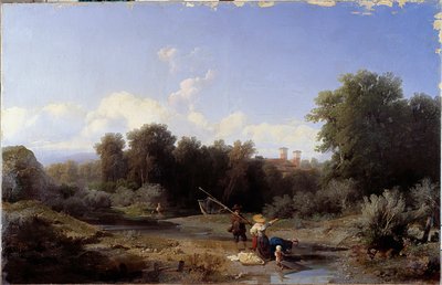 Landskap eller "" Fiske"" (Fiske i en flod) Målning av Angelo Beccaria (1820-1897) 1855 Dim 94x146 cm Genes, Galleria d