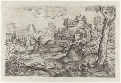 Landskap med flod och slott av Angelo Falconetto (attributed to)