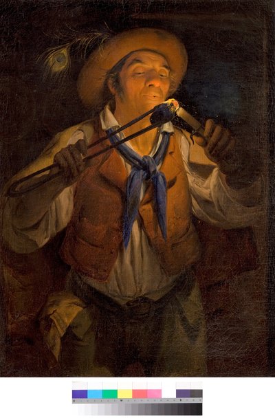 En bonde tänder ett ljus med ett brinnande kol Målning av Angelo Inganni (1807-1880) 1850 Privat samling av Angelo Inganni