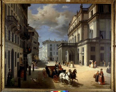 Representation av Plaza de la Scala i Milano av Angelo Inganni. 1800-talet. Konstgalleriet Brera, Milano. av Angelo Inganni