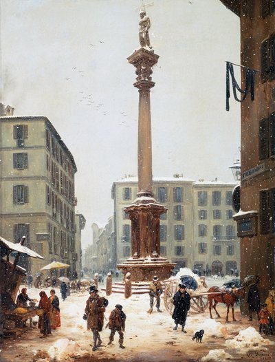 Redeemer-kolonnen vid Verziere (grönsaksmarknad) sett från den gamla gatan i San Bernardino i Milano av Angelo Inganni