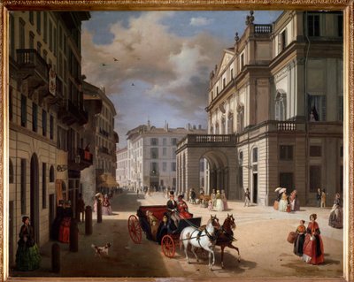 Utsikt över torget i Teatro alla Scala, Milano av Angelo Inganni