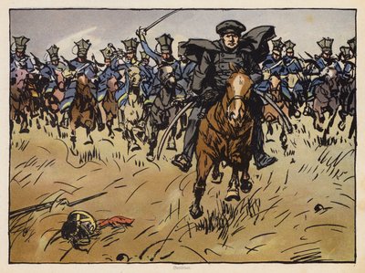 Preussiske fältmarskalken Gneisenau leder en kavalleriattack (chromolitho) av Angelo Jank