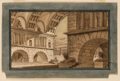 Scendesign, grupp av tempelbyggnader av Angelo Toselli