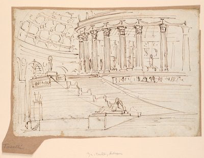 Scendesign, interiör av cirkulär byggnad av Angelo Toselli