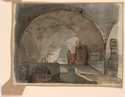 Scendesign, underjordiskt välvt utrymme med gravar av Angelo Toselli