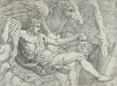 Apollo håller pipor i sin högra hand tillsammans med Pegasus, 1556-60. av Angiolo Falconetto