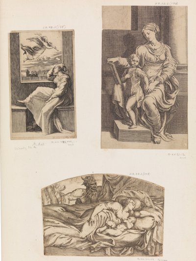 Kvinna och ängel, Jungfru och Barn, Satyr tittar på en ung mor och ett barn som sover, 1555-1567. av Angiolo Falconetto