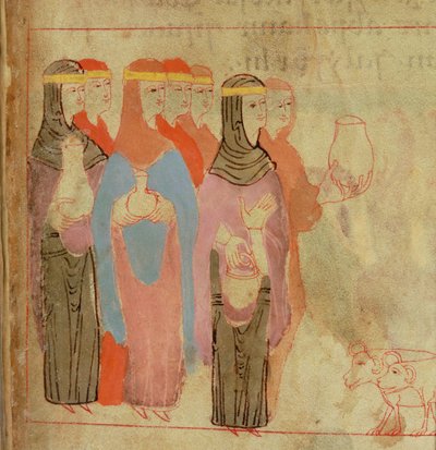 Cott Claud B IV f.76 Kvinnor som bär guldpannband, från Aelfric Pentateuch, från St. Augustine