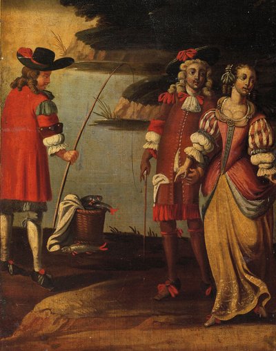 Fyrfaldig dubbelsidig skärm, ca 1700 (målad duk och läder) (detalj av 3248382) av Anglo Flemish School