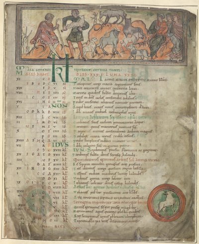 Cotton Tiberius B. V, del 1, f.5 Kalendersida för maj. Sköter får. Två herdar med sin hjord, en med en skurk och tre sittande figurer. Till fots, Väduren i en rundel av Anglo Saxon