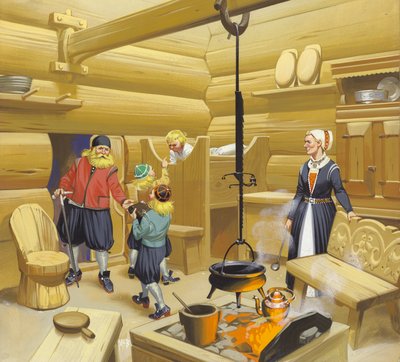 Norskt 1600-talshem (gouache på papper) av Angus McBride