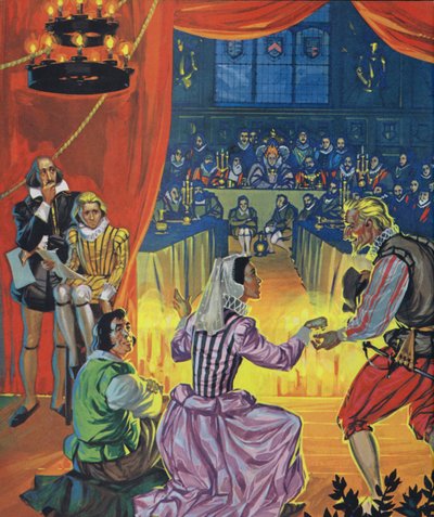 En föreställning av Trettondagsafton framför drottning Elizabeth I, med Shakespeare lyssnande bakom ridån (färglitografi) av Angus McBride