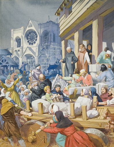 Abbot Suger (ca 1081-1151) och uppförandet av klostret St Denis (gouache på papper) av Angus McBride