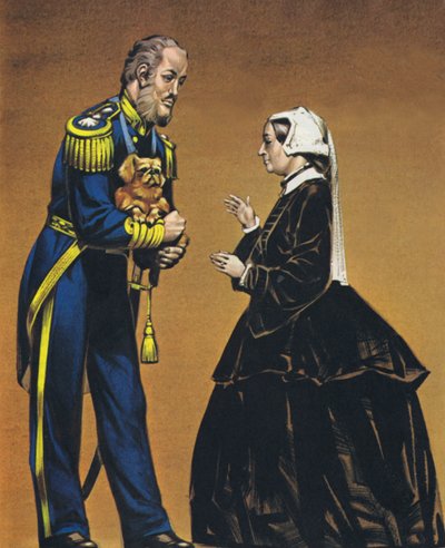 Amiral Lord Hay, med den första pekingeserhunden som fördes till England (färglitografi) av Angus McBride