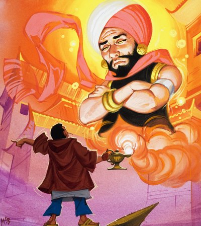 Aladdin ger order till Genie, illustration från "Aladdin och hans underbara lampa" (gouache på papper) av Angus McBride