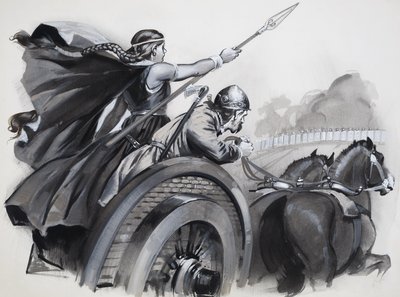 Boadicea piskar upp britternas raseri mot de romerska överherrarna (gouache på papper) av Angus McBride