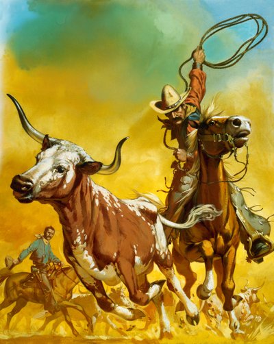 Cowboy som fångar boskap med lasso (gouache på papper) av Angus McBride