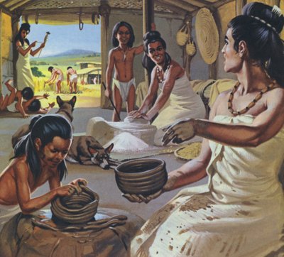 Tidiga bönder hemma (färglitografi) av Angus McBride