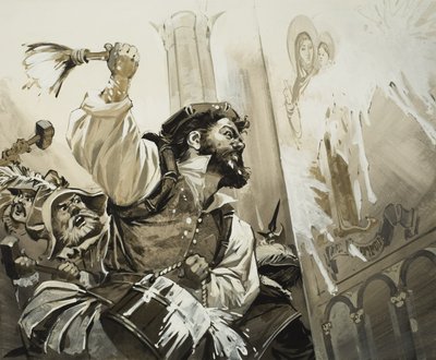Fanatiker stormar kyrkorna i Basel i det protestantiska Schweiz (gouache på papper) av Angus McBride