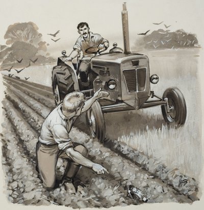 Bonde upptäcker en antikvarisk relik (gouache på papper) av Angus McBride