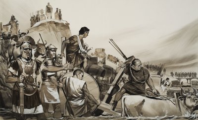 Julius Caesar (100-44 f.Kr.) ledde sina soldater över den lilla floden Rubicon och marscherade mot Rom (gouache på papper) av Angus McBride