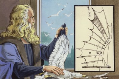 Leonardo Da Vinci studerar fåglar för att ta reda på hur en människa kan flyga (gouache på papper) av Angus McBride