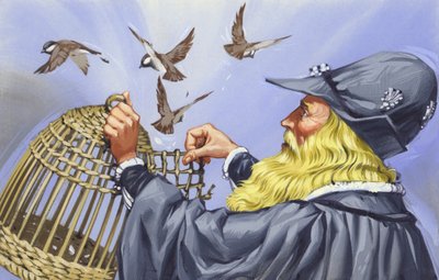 Leonardo Da Vinci, som köpte fåglar i bur för att släppa dem fria (gouache på papper) av Angus McBride