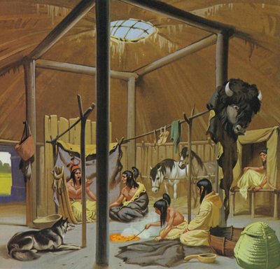 Mandan earth lodge (färglitografi) av Angus McBride