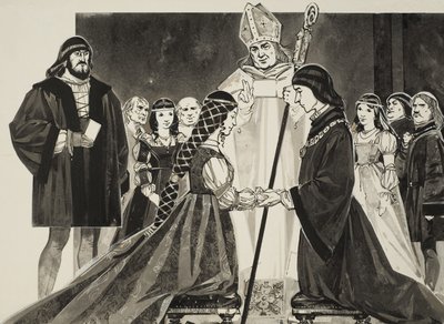 Lucrezia Borgias (1480-1519) äktenskap med hertig Alfonso (gouache på papper) av Angus McBride