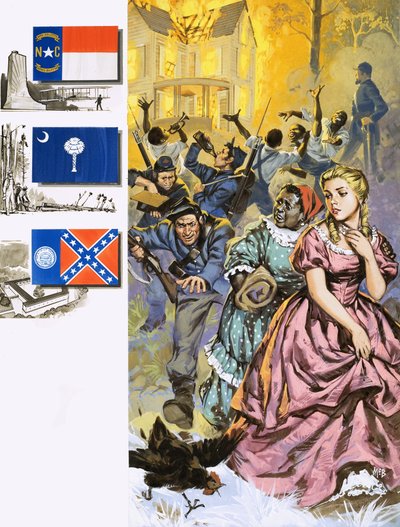 Nordstatstrupper plundrar hemmen hos skräckslagna sydstatare av Angus McBride